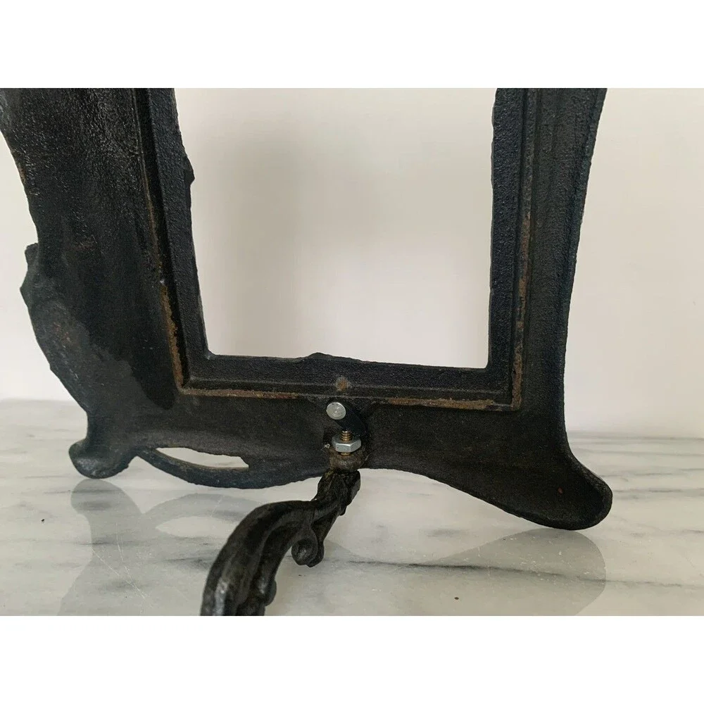 VTG Cast Iron W Copper Wash Photo Frame Art Nouveau Woman Floral w Stand